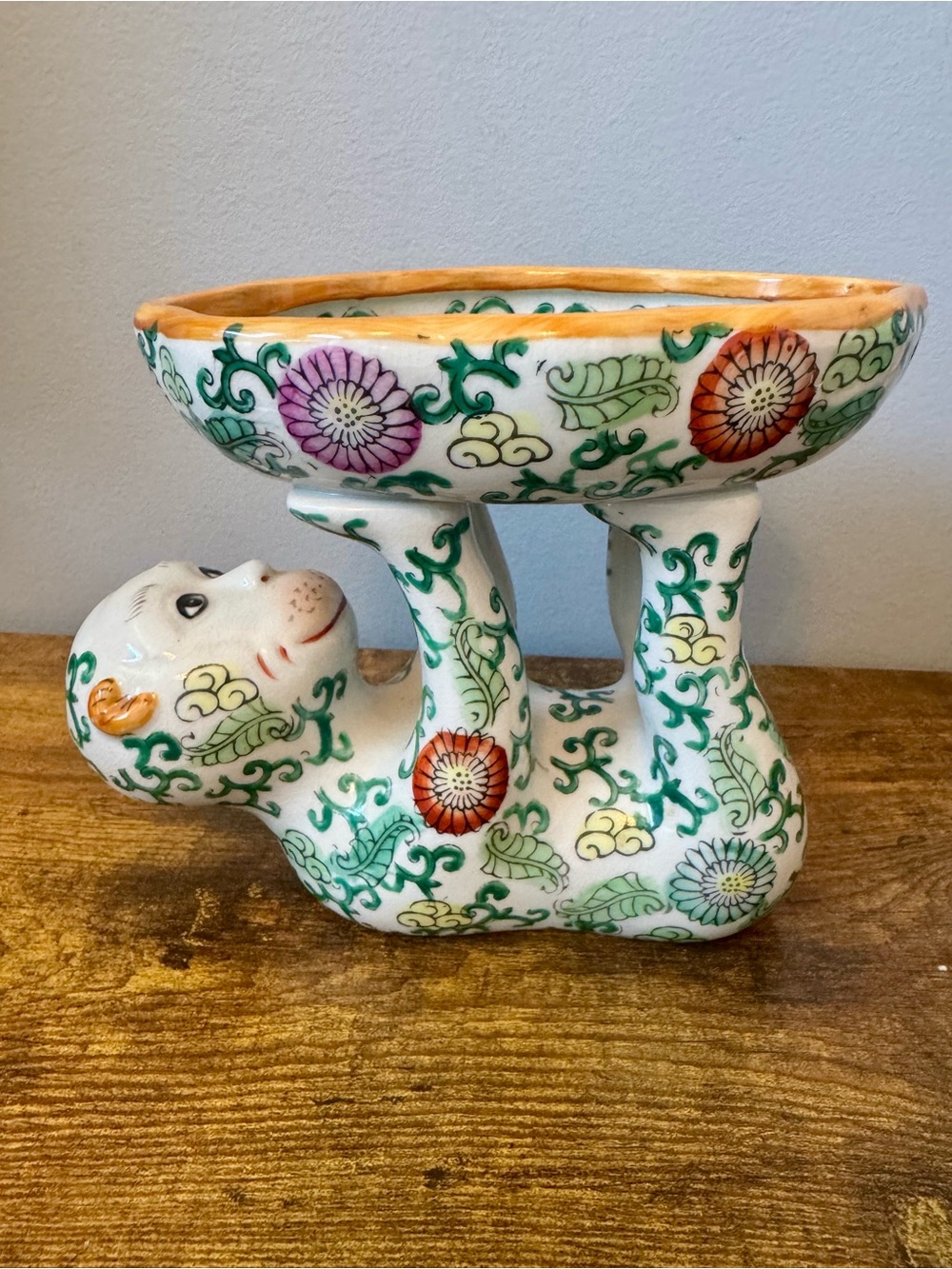 Vintage Chinoiserie Monkey Holding Lotus Bowl Hand Painted Floral Ceramic Decor